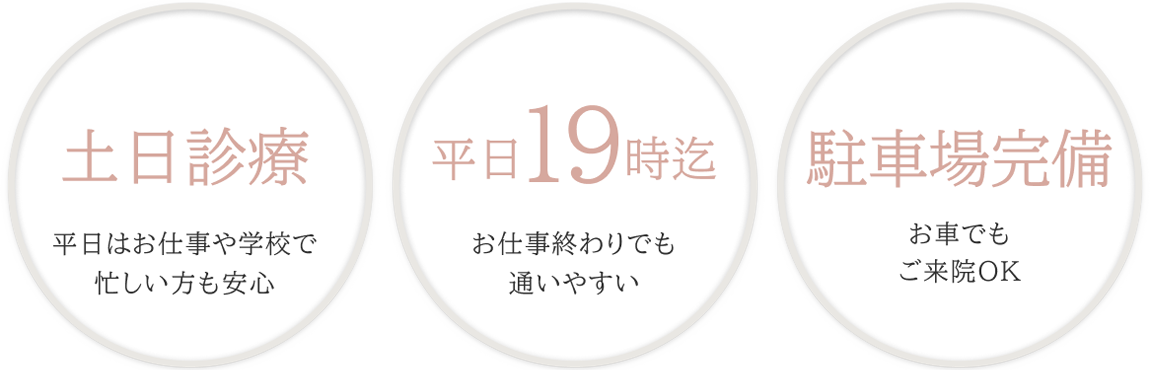土日診療 平日はお仕事や学校で忙しい方も安心 / 平日19時迄 お仕事終わりでも通いやすい / 駐車場完備 150台 iiNeマルシェ内